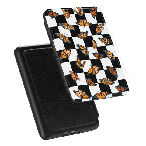 Checkered Monarch Butterfly Kindle Case, vegan Saffiano leather exterior with satin finish