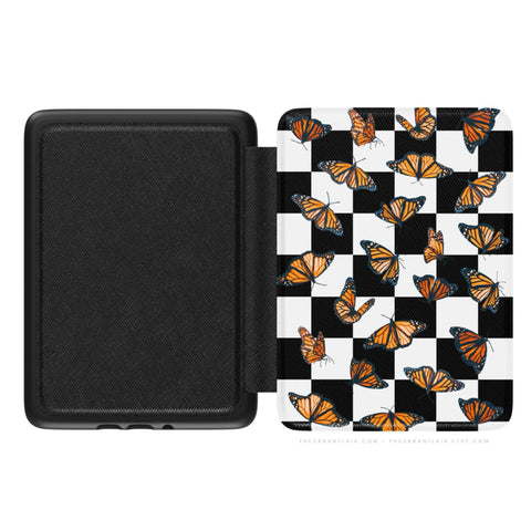 Checkered Monarch Butterfly Kindle Case, vegan Saffiano leather exterior with satin finish