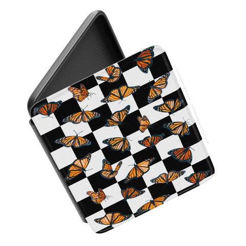 Checkered Monarch Butterfly Kindle Case, vegan Saffiano leather exterior with satin finish