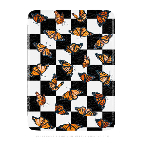 Checkered Monarch Butterfly Kindle Case, vegan Saffiano leather exterior with satin finish