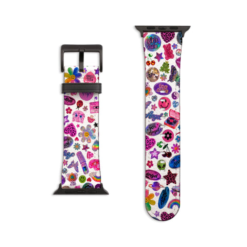 White Y2K Stickers Print Apple Watch Band - Matte Black