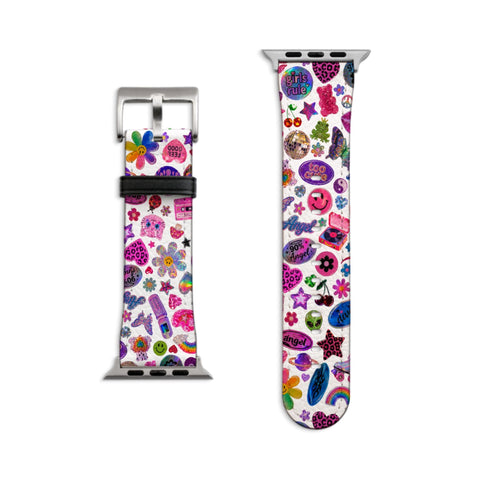 White Y2K Stickers Print Apple Watch Band - Matte Silver