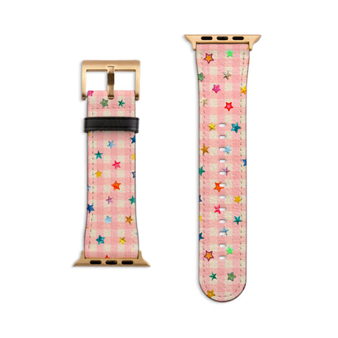 Pink Plaid Star Confetti Apple Watch Band - Fits All iWatch Series - Sizes 38/40/42/44mm - Womens Vegan Leather Strap