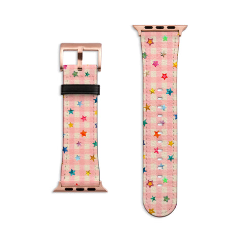 Pink Plaid Star Confetti Apple Watch Band - Fits All iWatch Series - Sizes 38/40/42/44mm - Womens Vegan Leather Strap
