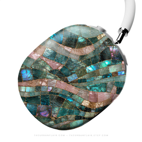 Teal Stained Glass Mosaic Print AirPods Max 2 Case | Protective Snap-On Air Pods Max Cover