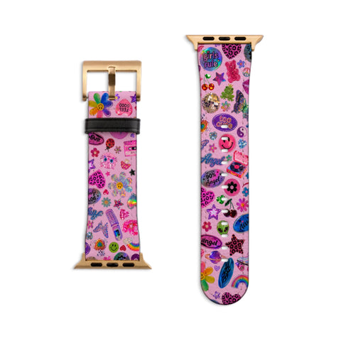 Pink Y2K Stickers Print Apple Watch Band - Matte Gold