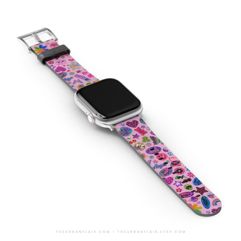 Pink Y2K Stickers Print Apple Watch Band - premium vegan leather printed strap (Feat)