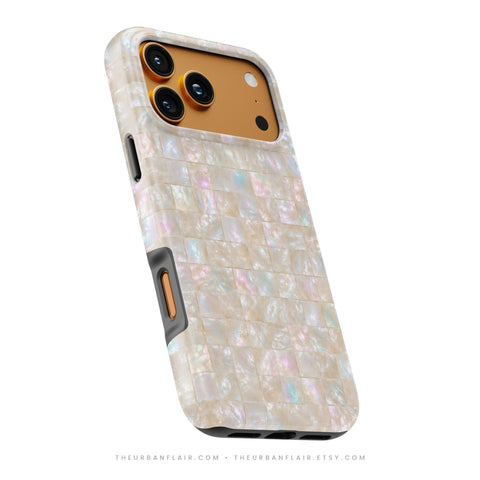 Opal Mother of Pearl Tile Print Tough Phone Case - Cover For iPhone 17 Air 16e 15 Pro Max 14 13 12 Mini, Galaxy S26 Ultra & Pixel 10 Pro XL Apple Watch Band - premium vegan leather printed strap (Feat)