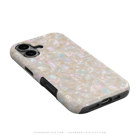 Opal Mother of Pearl Tile Print Tough Phone Case - Cover For iPhone 17 Air 16e 15 Pro Max 14 13 12 Mini, Galaxy S26 Ultra & Pixel 10 Pro XL Apple Watch Band - premium vegan leather printed strap (Feat)