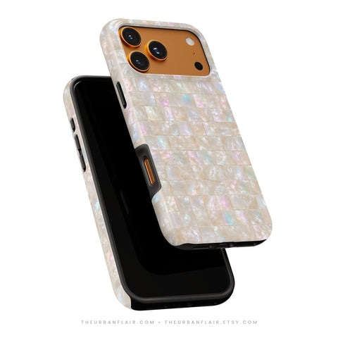 Opal Mother of Pearl Tile Print Tough Phone Case - Cover For iPhone 17 Air 16e 15 Pro Max 14 13 12 Mini, Galaxy S26 Ultra & Pixel 10 Pro XL Apple Watch Band - premium vegan leather printed strap (Feat)