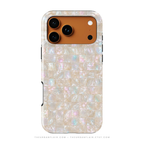 Opal Mother of Pearl Tile Print Tough Phone Case - Cover For iPhone 17 Air 16e 15 Pro Max 14 13 12 Mini, Galaxy S26 Ultra & Pixel 10 Pro XL Apple Watch Band - premium vegan leather printed strap (Feat)