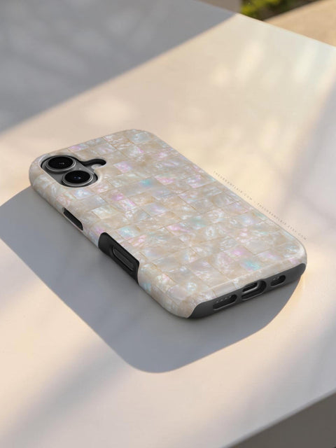 Opal Mother of Pearl Tile Print Tough Phone Case - Cover For iPhone 17 Air 16e 15 Pro Max 14 13 12 Mini, Galaxy S26 Ultra & Pixel 10 Pro XL Apple Watch Band - premium vegan leather printed strap (Feat)