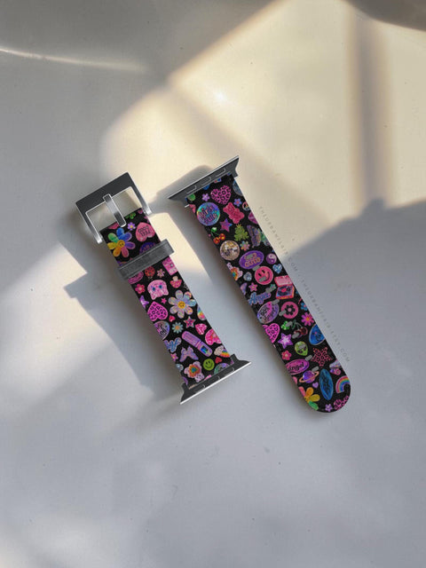 Black Y2K Stickers Print Apple Watch Band - premium vegan leather printed strap (Feat)