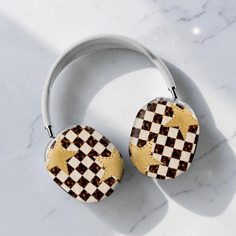 Plaid Tortoise Shell & Gold Stars AirPods Max 2 Case | Protective Snap-On Air Pods Max Cover (Feat)