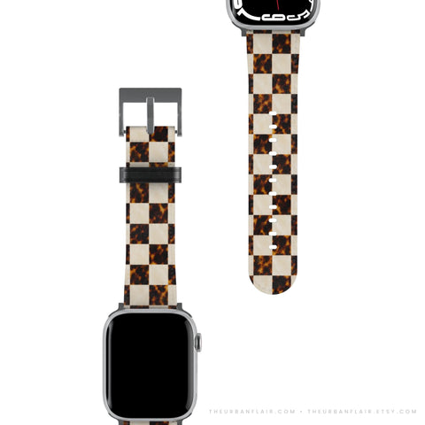 Plaid Tortoise Shell Print Apple Watch Band - Fits All Series & Sizes 38/40/41, 42/44/45/46, 49mm - Luxury Watch Strap For Women (Feat)
