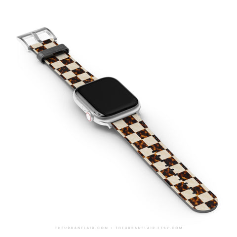 Plaid Tortoise Shell Print Apple Watch Band - Fits All Series & Sizes 38/40/41, 42/44/45/46, 49mm - Luxury Watch Strap For Women (Feat)