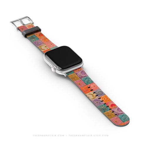 Nautical Whimsy Tiles Apple Watch Band - premium vegan leather printed strap (Feat)
