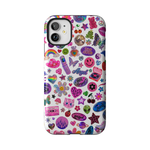 White Y2K Stickers Print Tough Phone Case for iPhone 11