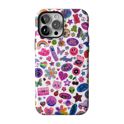 White Y2K Stickers Print Tough Phone Case for iPhone 13 Pro Max