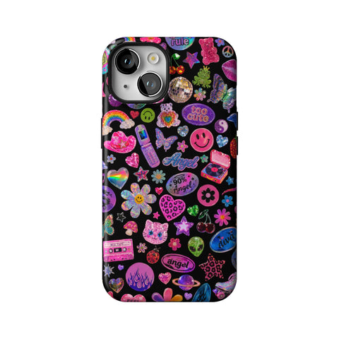 Black Y2K Stickers Print Tough Phone Case for iPhone 14