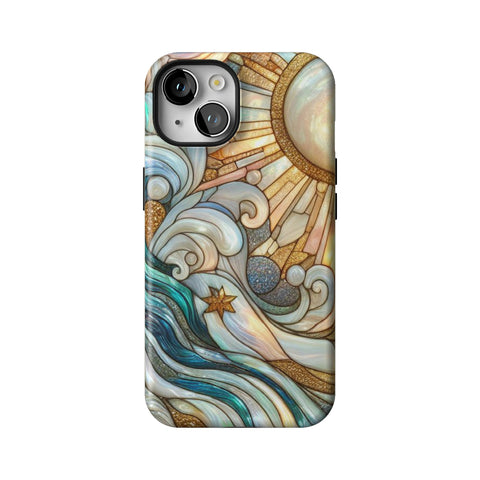 Waves & Sun Rays Stained Glass Illusion Print Tough Phone Case for iPhone 14