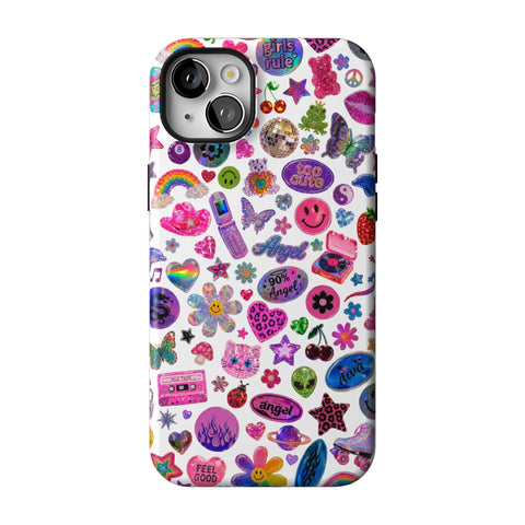 White Y2K Stickers Print Tough Phone Case for iPhone 14 Plus