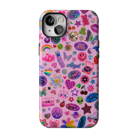Baby Pink Y2K Stickers Print Tough Phone Case for iPhone 14 Plus