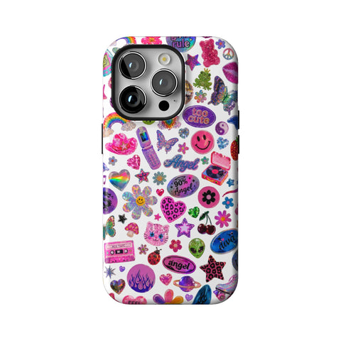 White Y2K Stickers Print Tough Phone Case for iPhone 14 Pro