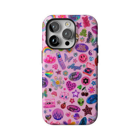 Baby Pink Y2K Stickers Print Tough Phone Case for iPhone 14 Pro