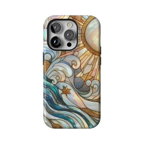 Waves & Sun Rays Stained Glass Illusion Print Tough Phone Case for iPhone 14 Pro