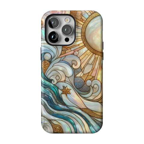Waves & Sun Rays Stained Glass Illusion Print Tough Phone Case for iPhone 14 Pro Max