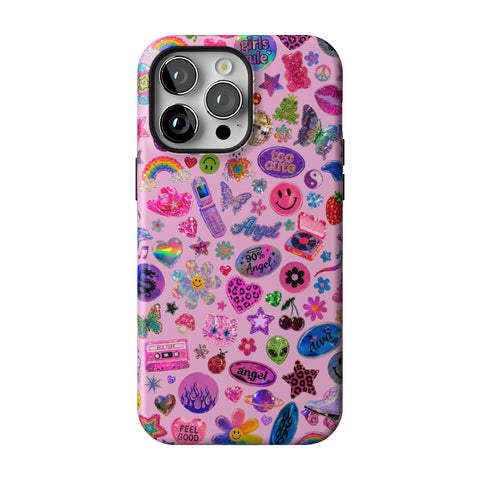 Baby Pink Y2K Stickers Print Tough Phone Case for iPhone 14 Pro Max