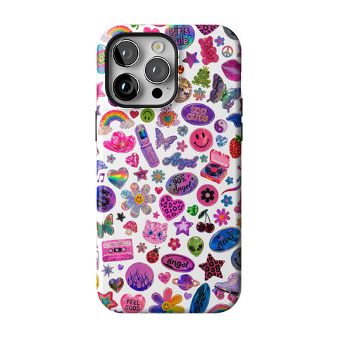 White Y2K Stickers Print Tough Phone Case for iPhone 14 Pro Max