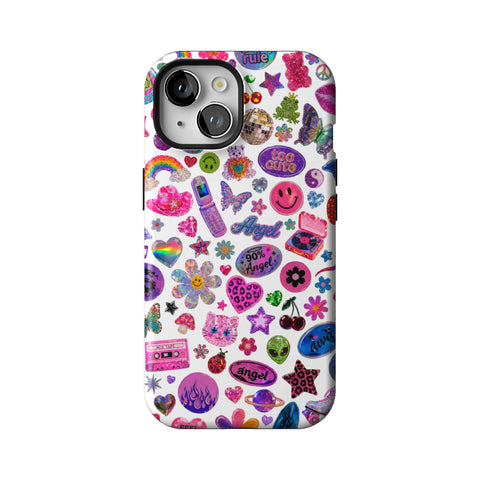 White Y2K Stickers Print Tough Phone Case for iPhone 15