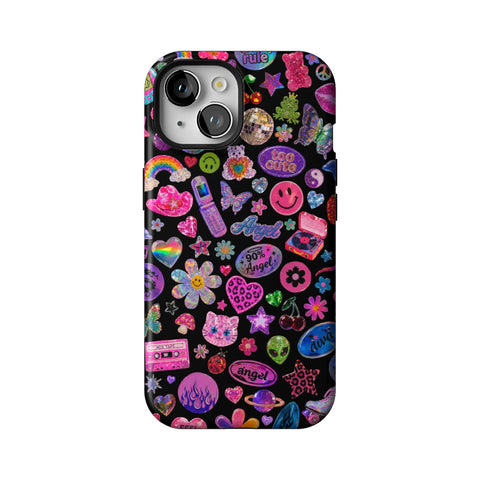 Black Y2K Stickers Print Tough Phone Case for iPhone 15