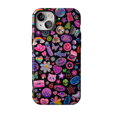 Black Y2K Stickers Print Tough Phone Case for iPhone 15 Plus