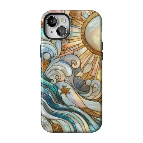 Waves & Sun Rays Stained Glass Illusion Print Tough Phone Case for iPhone 15 Plus