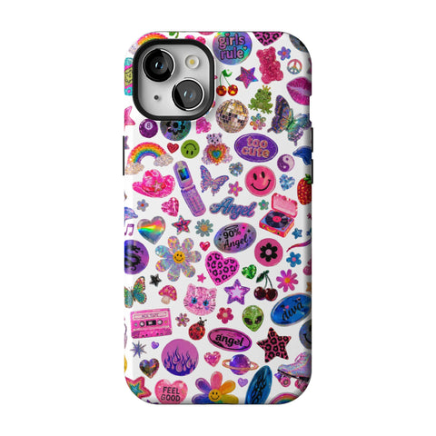 White Y2K Stickers Print Tough Phone Case for iPhone 15 Plus