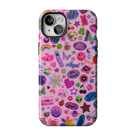 Baby Pink Y2K Stickers Print Tough Phone Case for iPhone 15 Plus