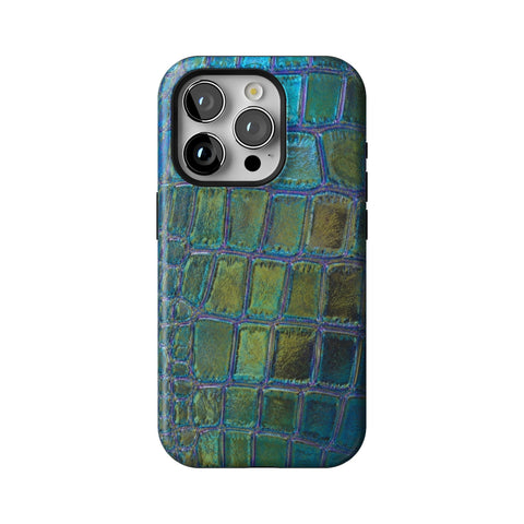 Teal Crocodile Print Tough Phone Case for iPhone 15 Pro