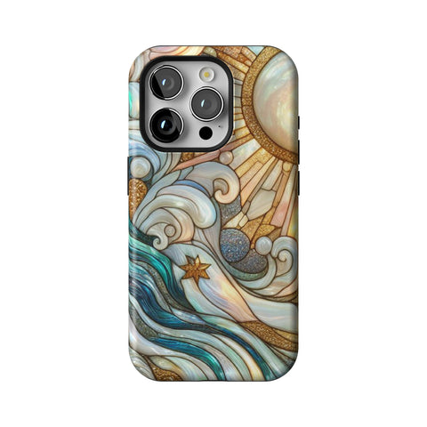 Waves & Sun Rays Stained Glass Illusion Print Tough Phone Case for iPhone 15 Pro