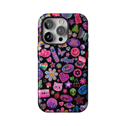 Black Y2K Stickers Print Tough Phone Case for iPhone 15 Pro