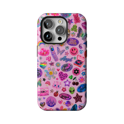 Baby Pink Y2K Stickers Print Tough Phone Case for iPhone 15 Pro
