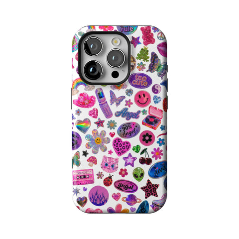 White Y2K Stickers Print Tough Phone Case for iPhone 15 Pro