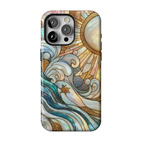 Waves & Sun Rays Stained Glass Illusion Print Tough Phone Case for iPhone 15 Pro Max