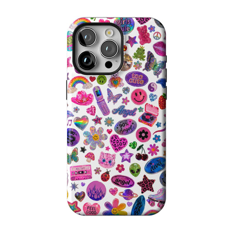 White Y2K Stickers Print Tough Phone Case for iPhone 15 Pro Max