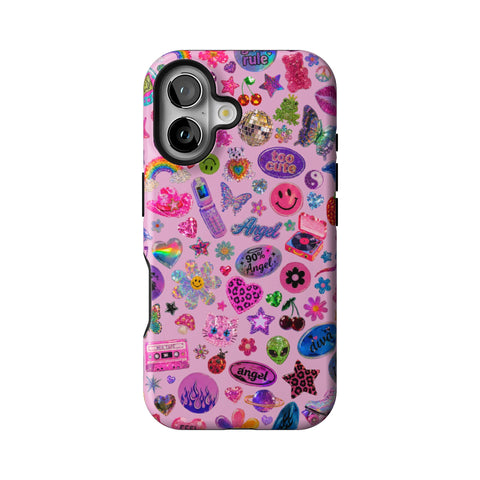 Baby Pink Y2K Stickers Print Tough Phone Case for iPhone 16