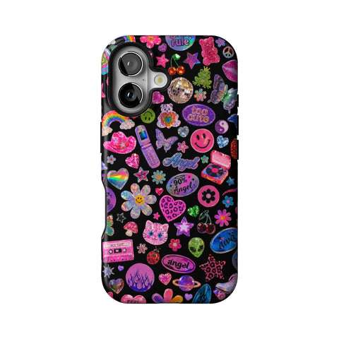 Black Y2K Stickers Print Tough Phone Case for iPhone 16