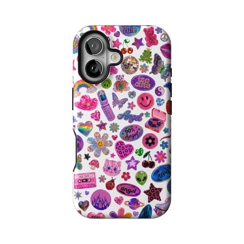 White Y2K Stickers Print Tough Phone Case for iPhone 16