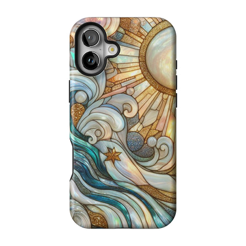 Waves & Sun Rays Stained Glass Illusion Print Tough Phone Case for iPhone 16 Plus
